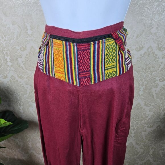 Indian Cotton Pants Dark Red Colorful Stripes Elastic Waist Adj Ankle Ties - Picture 2 of 13
